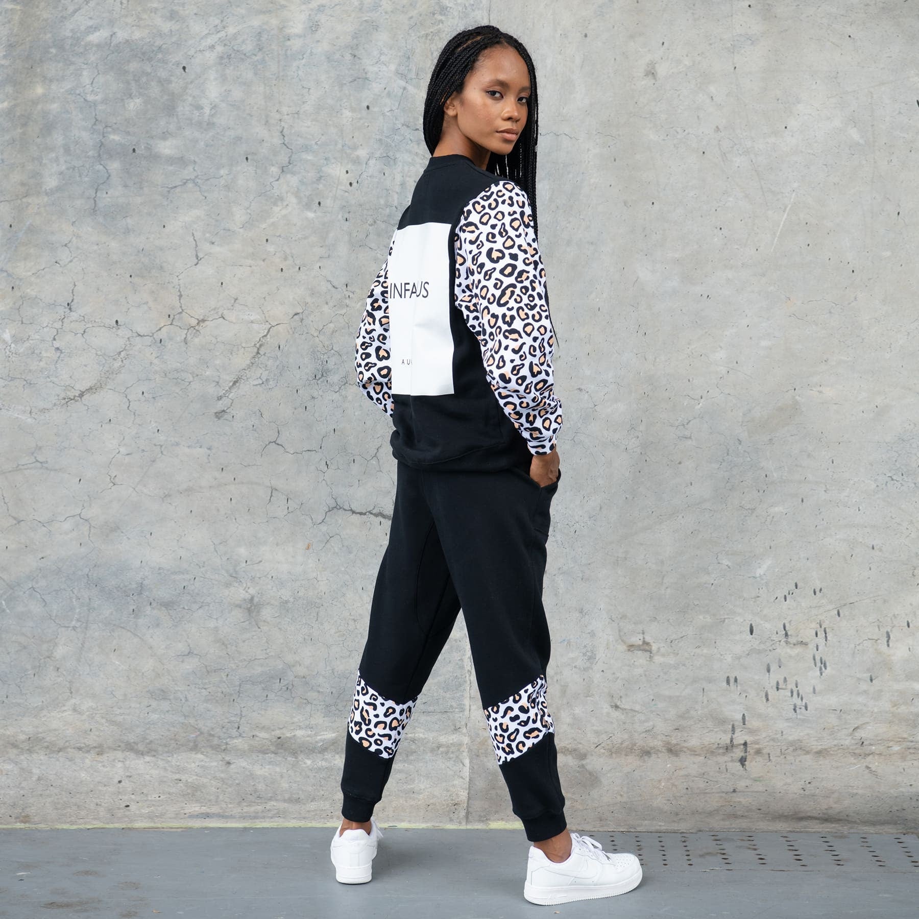 Track Pant Spliced Final Sale - Black & Leopard